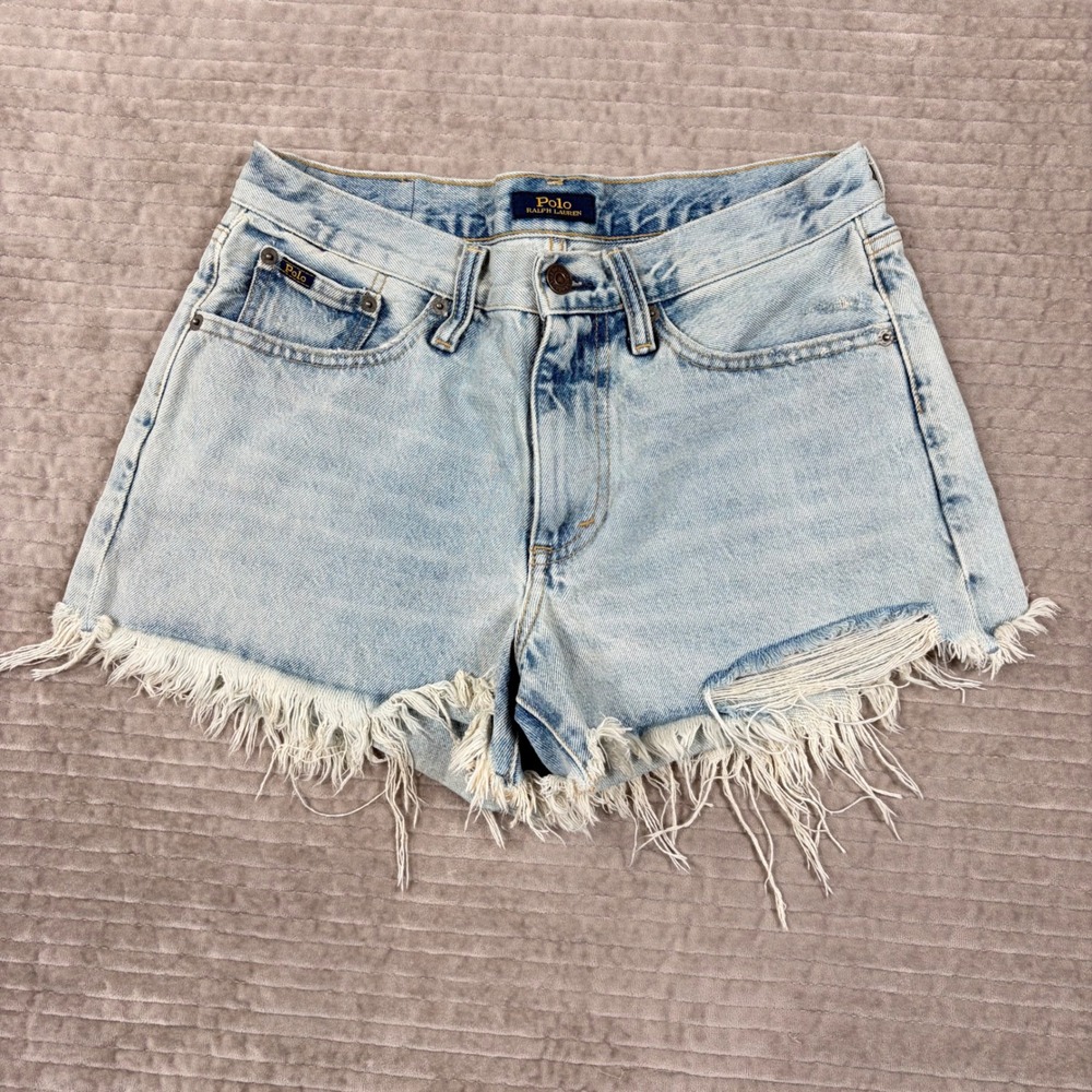 Polo Ralph Lauren Sophia Cut Off Short Light Wash Distressed Denim Sz 26